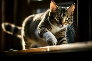 un' soriano gatto a piedi attraverso un' di legno pavimento generativo ai foto