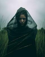 un' donna nel un' nero mantello in piedi nel un' campo generativo ai foto