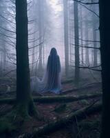 un' donna nel un' blu mantello in piedi nel il mezzo di un' foresta generativo ai foto