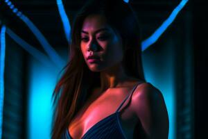 un' donna nel un' blu vestito in piedi nel davanti di neon luci generativo ai foto