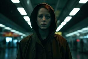 un' donna nel un' incappucciato giacca in piedi nel un vuoto metropolitana stazione generativo ai foto