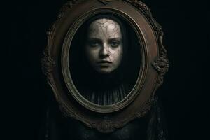 un' donna è guardare in un' specchio nel un' buio camera generativo ai foto
