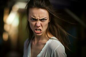 un' donna è fabbricazione un arrabbiato viso generativo ai foto