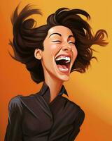 un' donna ridendo con sua capelli soffiaggio nel il vento generativo ai foto