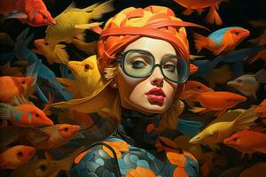 un' donna indossare bicchieri e un arancia cappello circondato di pesce generativo ai foto