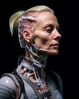un' donna con un' robot testa e corpo su un' nero sfondo generativo ai foto