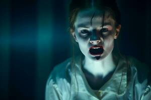 un' donna con sangue su sua viso nel un' buio camera generativo ai foto
