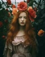 un' donna con lungo rosso capelli indossare un' fiore corona generativo ai foto