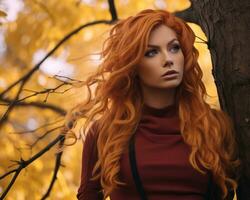 un' donna con lungo rosso capelli in piedi nel davanti di un' albero generativo ai foto