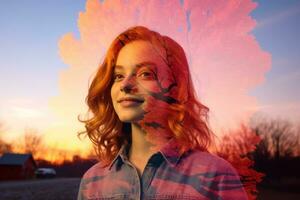 un' donna con rosso capelli e arancia capelli è nel davanti di un' tramonto generativo ai foto