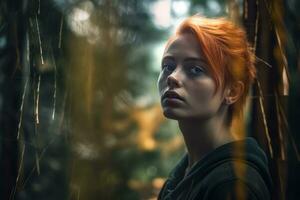 un' donna con rosso capelli nel il boschi generativo ai foto