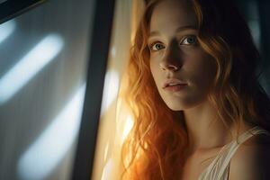 un' donna con rosso capelli guardare su il finestra generativo ai foto