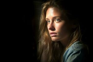 un' giovane donna guardare su il finestra nel il buio generativo ai foto