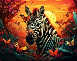 un' zebra nel il giungla con farfalle generativo ai foto