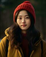 un asiatico donna indossare un' rosso Beanie generativo ai foto