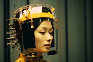 un asiatico donna indossare un' casco con molti fili allegato per esso generativo ai foto