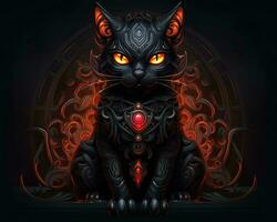 un illustrazione di un' nero gatto con raggiante occhi generativo ai foto