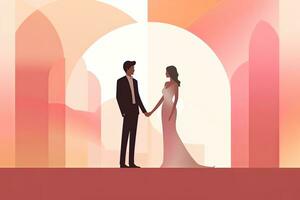 un illustrazione di un' sposa e sposo Tenere mani generativo ai foto