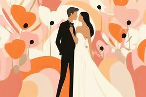 un illustrazione di un' sposa e sposo baci nel davanti di fiori generativo ai foto