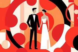 un illustrazione di un' sposa e sposo in piedi nel davanti di un' rosso e nero sfondo generativo ai foto