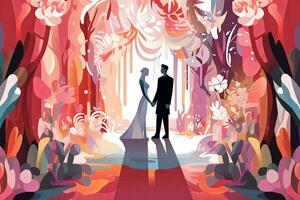 un illustrazione di un' sposa e sposo in piedi nel un' foresta generativo ai foto