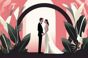 un illustrazione di un' sposa e sposo in piedi nel davanti di un arco generativo ai foto