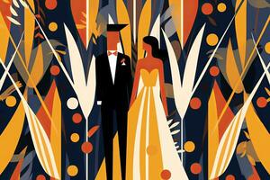 un illustrazione di un' sposa e sposo in piedi nel davanti di un astratto sfondo generativo ai foto