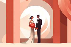 un illustrazione di un' sposa e sposo in piedi nel davanti di un arco generativo ai foto