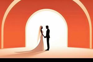 un illustrazione di un' sposa e sposo in piedi nel davanti di un arco generativo ai foto