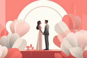 un illustrazione di un' sposa e sposo in piedi nel davanti di fiori generativo ai foto