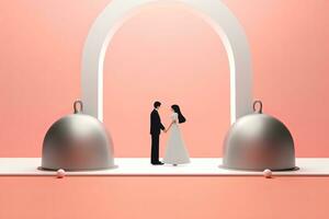 un illustrazione di un' sposa e sposo in piedi nel davanti di campane generativo ai foto