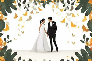 un illustrazione di un' sposa e sposo circondato di farfalle generativo ai foto