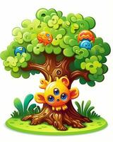 un illustrazione di un' cartone animato albero con un arancia mostro seduta su superiore di esso generativo ai foto