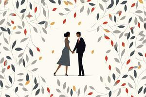 un illustrazione di un' coppia Tenere mani nel davanti di le foglie generativo ai foto