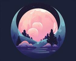 un illustrazione di un' rosa Luna con alberi e acqua generativo ai foto