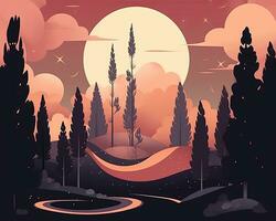 un illustrazione di un' tramonto con alberi e un' amaca generativo ai foto