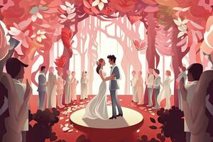 un illustrazione di un' nozze cerimonia nel il foresta generativo ai foto