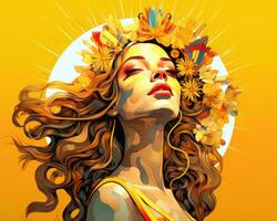 un illustrazione di un' donna con fiori nel sua capelli generativo ai foto