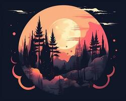 un illustrazione di il notte cielo con alberi e un' pieno Luna generativo ai foto