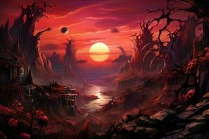 un Immagine di un' rosso tramonto con alberi e rocce nel il sfondo generativo ai foto