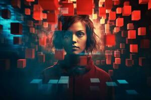un Immagine di un' donna circondato di rosso cubi generativo ai foto