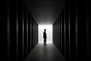 silhouette di un' uomo in piedi nel un' buio tunnel generativo ai foto