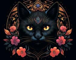 il nero gatto è circondato di fiori generativo ai foto