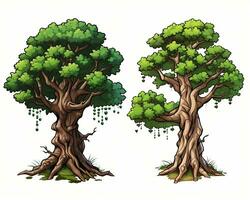 Due cartone animato alberi uno con le foglie e il altro senza generativo ai foto