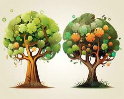 Due cartone animato alberi con le foglie e frutta su loro generativo ai foto