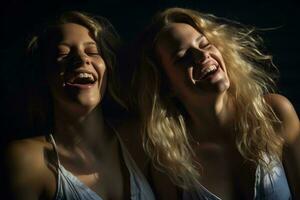 Due donne ridendo e sorridente nel il buio generativo ai foto