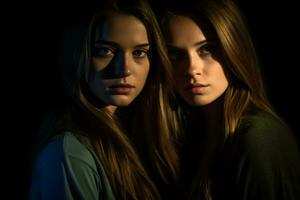 Due giovane donne guardare a il telecamera nel un' buio camera generativo ai foto