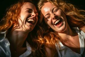 Due giovane donne ridendo insieme su un' nero sfondo generativo ai foto