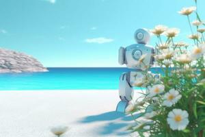 3d rendere di un' robot su un' estate beachscape generativo ai foto