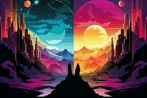 colorato cosmico futuristico paesaggio di un' parallelo universo illustrazione generativo ai foto